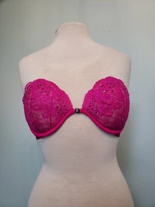 Victoria's Secret Bra 36B Bright Pink Lace Rhinestone Strapless Padded Magnetic - Picture 1 of 14