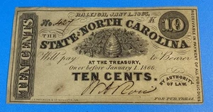 1863 State of North Carolina, Raleigh, NC 10 Cts Obsolete Note, Nice - Bild 1 von 3