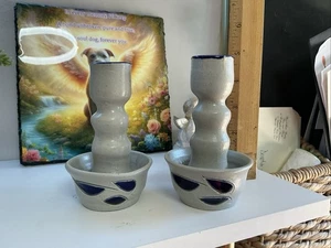 Set 2 portacandele Williamsburg ceramica smaltata sale blu tortora 4,5” T11 - Foto 1 di 3