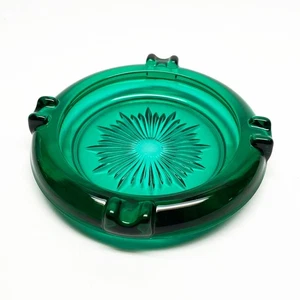 Vintage Midcentury MCM Smaragdgrün Rund Geschliffen Glas Aschenbecher - Bild 1 von 4