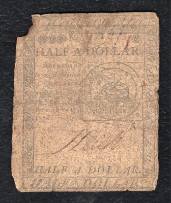 FEBRUARY 17, 1776 $1/2 ONE HALF DOLLAR “FUGIO” CONTINENTAL CURRENCY NOTE (D) - Image 1 of 2