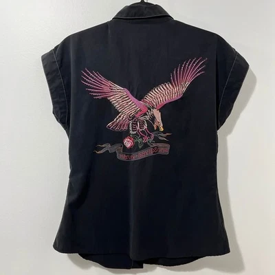Camisa Harley Davidson negra con botones para mujer, águila + rosa en la espalda [talla S] Foto 1 de 4