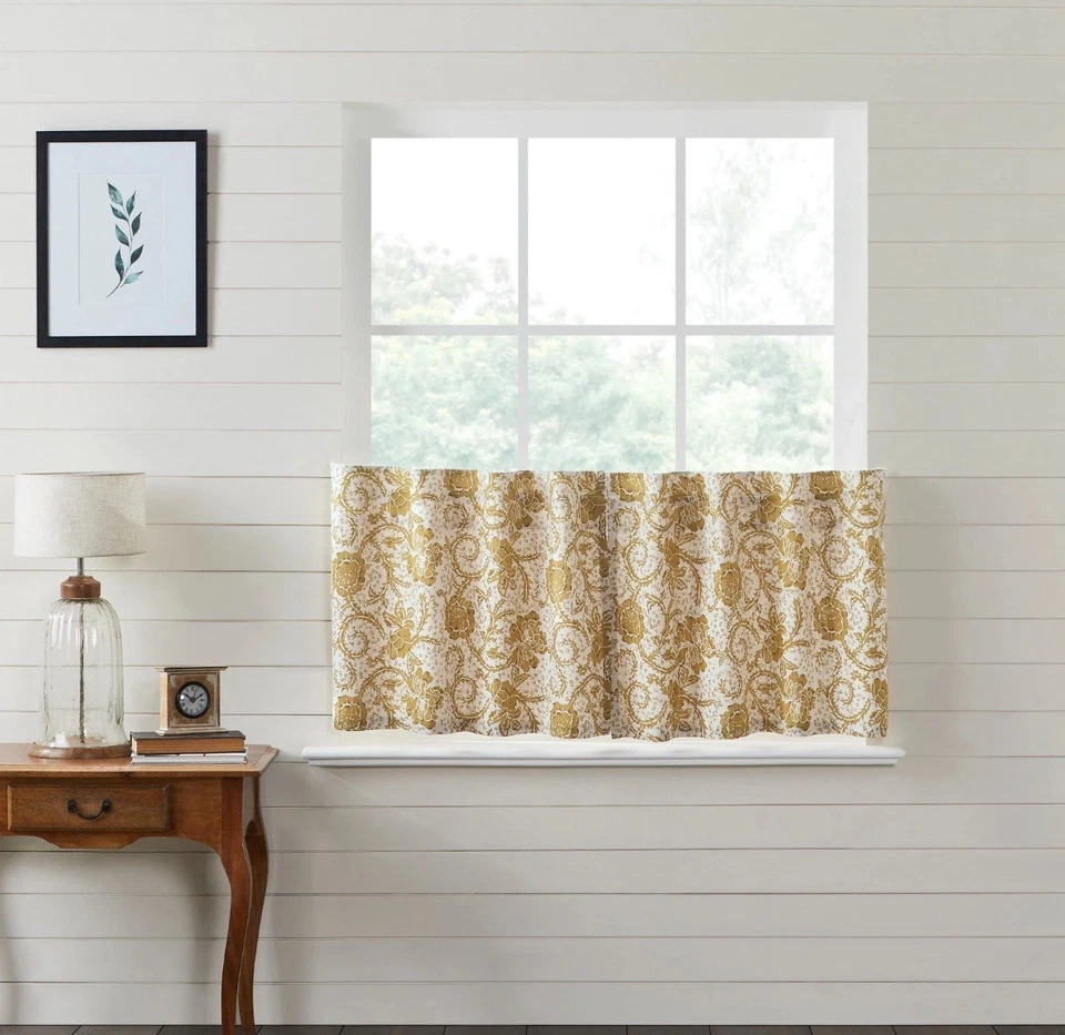 Dorset Gold Floral Tier Set 24"x 36" Country CURTAIN Vintage Elegante Marcas VHC - Imagem 1 de 4