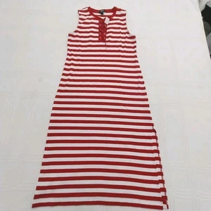 Chaps Large Red & White Stripe Maxi Dress Side Slit And Tie Front #C016 - Picture 1 of 8