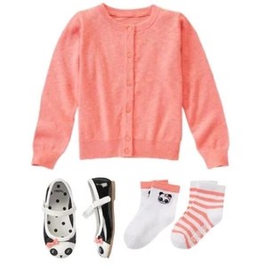 NWT Gymboree XS (4) coral cardigan, panda shoes sz 10 & matching socks Lot of 3 - Picture 1 of 16