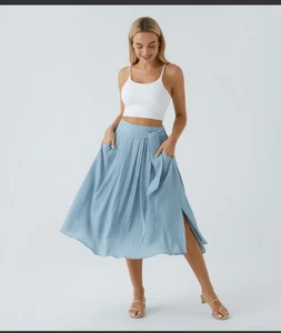 Halara High Waisted Mesh 2-in-1 Side Pocket Flowy Midi Flare Skirt - Picture 1 of 4