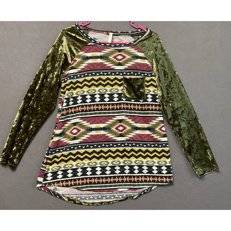 Camisa Lilypad Mujer Mediana Azteca Patrón Boho Verde Terciopelo Manga Bolsillo Largo Foto 1 de 4