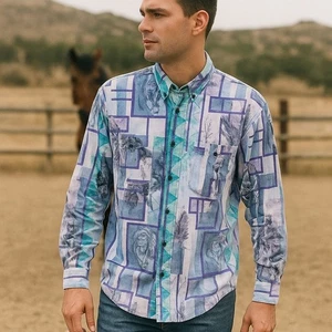 Men's Vtg Wrangler Western Shirt 18-36 (2XL) Green/Purple Native American - Picture 1 of 7