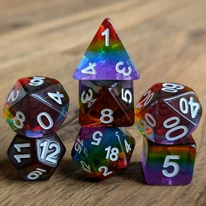 DND Dice Set Rainbow Mirage Polyhedral 7pcs D20 D6 TTRPG Tabletop Gaming Gift - Picture 1 of 4