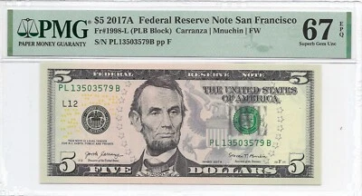 2017A $5 SAN FRANSICO FRN. PMG Superb Gem Uncirculated 67 EPQ Banknote. - Image 1 of 2