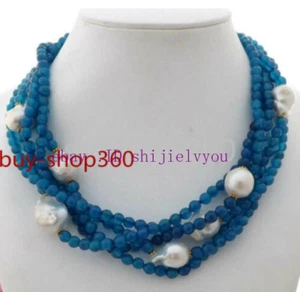 20" 5 Strands 6mm Natural Blue Apatite Round Gems & White Keshi Pearl Necklace - Picture 1 of 4