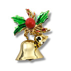Double Brass Ringing Bells Enameled Holly Brooch Pin Vintage Christmas Holiday