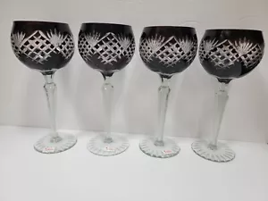 Set Of 4 Cut To Clear Crystal Wine Glass Goblets Cranberry Romania - Picture 1 of 13
