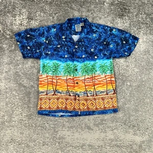 Vintage Hawaiian Shirt Boys XL Blue Sunset Palm Tree Tiki Print 90s Rayon Camp - Picture 1 of 10