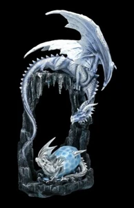 Große Drachen Figur - Schneedrache mit Jungem - Fantasy Drachenfamilie Statue - Bild 1 von 8