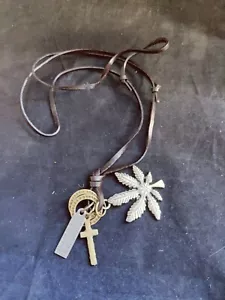 Brass Leaf Cross Ring Quote Charm Leather Adjustable Necklace 36" (13394) - Picture 1 of 4