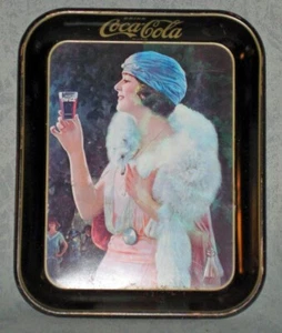 Vintage Coca-Cola Flapper Girl With Mink Litho Black Metal Tray 1973 10x13 - Picture 1 of 7