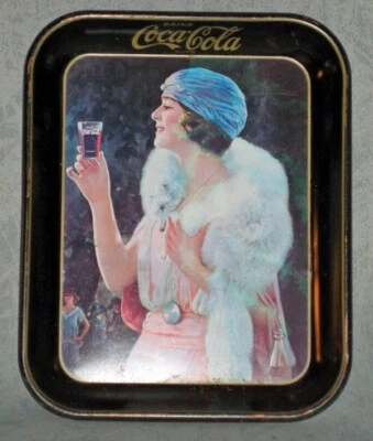 Vintage Coca-Cola Flapper Girl With Mink Litho Black Metal Tray 1973 10x13 - Image 1 of 4