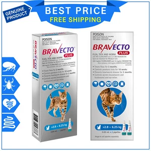 BRAVECTO PLUS 1, 2 Pipettes BLUE Flea Heartworm Control for 2.8 to 6.25 Kg Cats - Picture 1 of 4