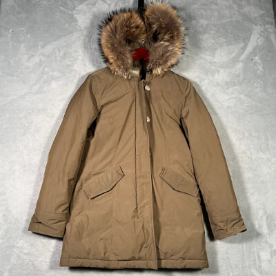 Chaqueta Woolrich Mujer Pequeña Marrón Abajo Ártico Parka Piel de Mapache *DEFECTUOSA Foto 1 de 4