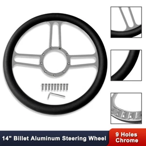 14" Chrome Billet Aluminum Tri Spoke Steering Wheel with Half Wrap Black Leather - Picture 1 of 6