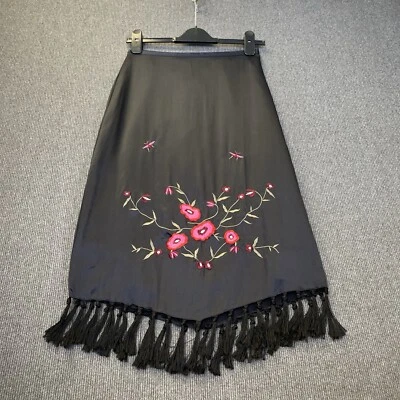 VTG Y2K Etam silk skirt size 10 black embroidered floral fringed hem oriental - Image 1 of 4
