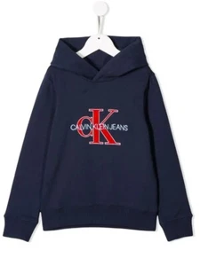 Size 6 Calvin Klein Jeans Boys navy blue soft cotton Logo hooded sweatshirt  New - Picture 1 of 8