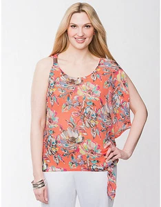 LANE BRYANT 14 One Shoulder Floral Side Tie Drama Top 14 0X 1X Sheer Chiffon - Picture 1 of 9