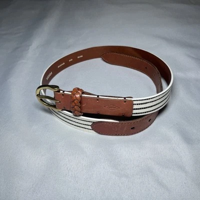 Women's Fossil Belt Cream Blue Stripe w/ Brown Leather Accent Size S EUC - Image 1 of 4