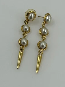 Gold Tone Faux Pearl Drop Dangle Earrings Vintage Style 3.5 Inch Long - Picture 1 of 6