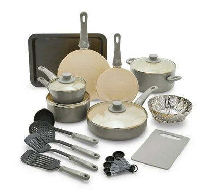 GreenLife 18-Pc Ceramic Nonstick Cookware Set, Gray, Toxin-Free & Dishwasher