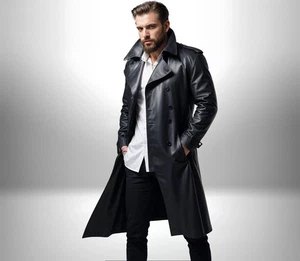 Men's Genuine Lambskin Leather Long Coat Black Stylish Classic Trench Belted - Picture 1 of 4