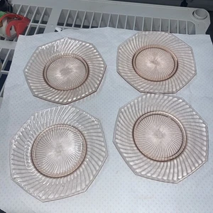set of 4- Pink octagon shaped Glass salad plates with optic spiral. 7-5/8”d - Picture 1 of 11