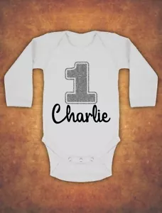 Body personalizado primer cumpleaños bebé niños manga larga G plateado - Imagen 1 de 1