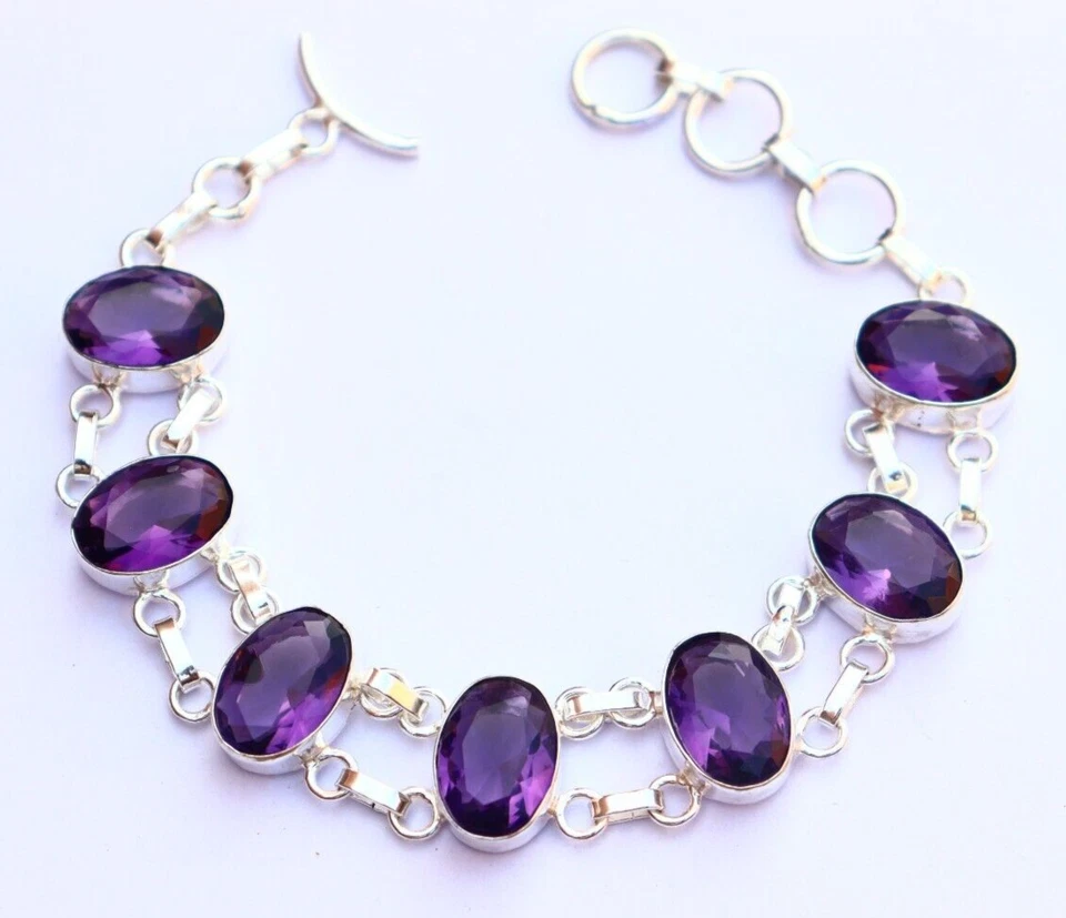 花式紫水晶宝石 手工制作 925 纯银珠宝手链 尺寸 7-8 — 第 1/1 张图片