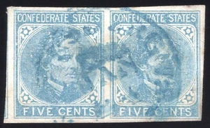 Confederate, CSA #7-R 5¢ Blue on Richmond Thick Paper, Pair with Blue Town CDS - Picture 1 of 2