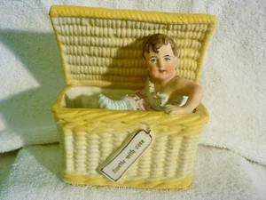 VTG GERMAN HEUBACH GEBRUDER BISQUE PIANO BABY IN BASKET FIGURINE~ c 1900 - Picture 1 of 5