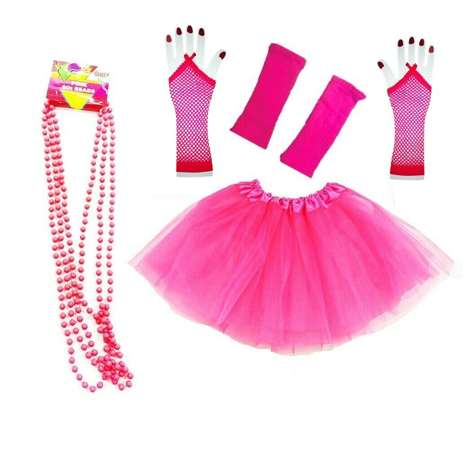 80S PINK TUTU SET LADIES LEG WARMERS NETTED GLOVES BEADS FANCY DRESS PRIDE - Image 1 of 1
