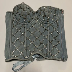 Akira CAMMIE RHINESTONE DENIM CORSET In Light Blue Denim Size Medium - Picture 1 of 11