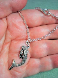 Tiny Mermaid on Silver Plated Textured 20" Chain Necklace with Lobster Clasp - Picture 1 of 7
