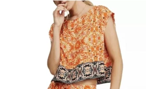 Free People Make My Day Blouse Women's Size Small Orange Black Paisley Cropped - Picture 1 of 4