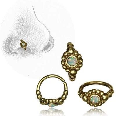 20G TRIBAL BRASS NOSE RING 7MM RING NOSE STUD HELIX FAUX WHITE OPAL STONE HOOP - Image 1 of 2