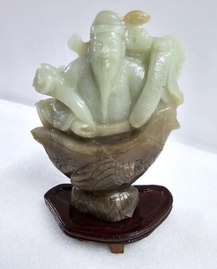 Vintage Chinese Carved Green & Brown Jade 6" Man Dove Coins Writing Pigeon Boxed - Picture 1 of 10