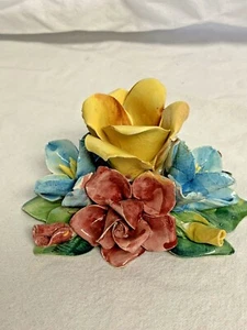 VTG Porcelain Flower Arrangement Yellow Pink Blue Capodimonte Candle Holder - Picture 1 of 11