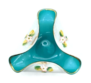 Vintage Art Glass Dish w/Rolled Edges Hand-Painted Enamel Flowers Teal & White - Picture 1 of 8