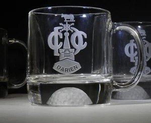 Set of 4 Darien Country Club Heavy Engraved Clear Glass Mugs Golf Ball Base  - Picture 1 of 8