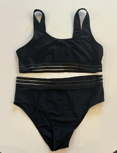 Women's High Waisted Swim Bottom Sports Bra Top, Black Bikini, Swimsuit Sz XXL - Picture 1 of 8