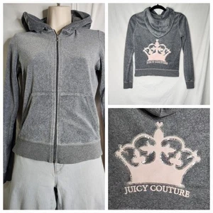 JUICY COUTURE Women's Size Medium Velour Tracksuit Sweatshirt Gray Pink Logo - Picture 1 of 13