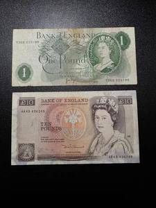 2pcs £1, £10 One, Ten Pound Notes Bank Of England Circulated Lot #13A - Picture 1 of 7