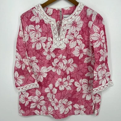Блузка женская Alfred Dunner размер 12 розовая с цветочным узором кружевная богемное крестьянское хлопковое - Изображение 1 из 4